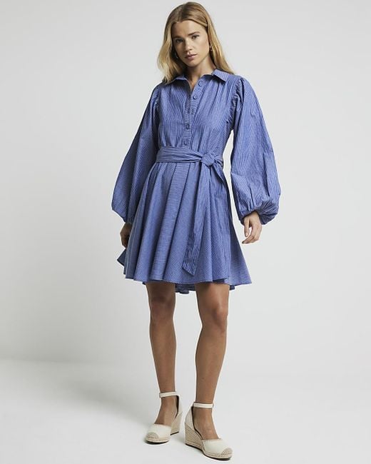 River Island Blue Stripe Puff Sleeve Mini Shirt Dress