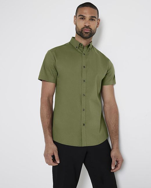 River Island Green Khaki Muscle Fit Textured Smart Shirt for men