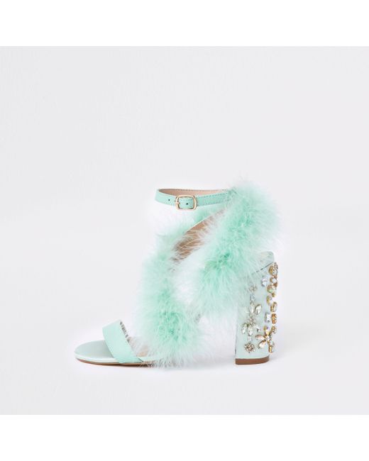 River Island Blue Turquoise Feather Block Heel Sandals