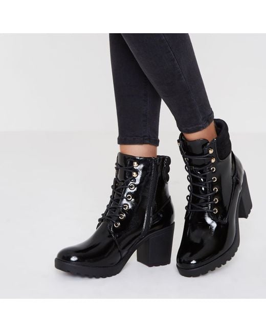 River Island Black Patent Lace Up Chunky Heeled Boots Lyst UK