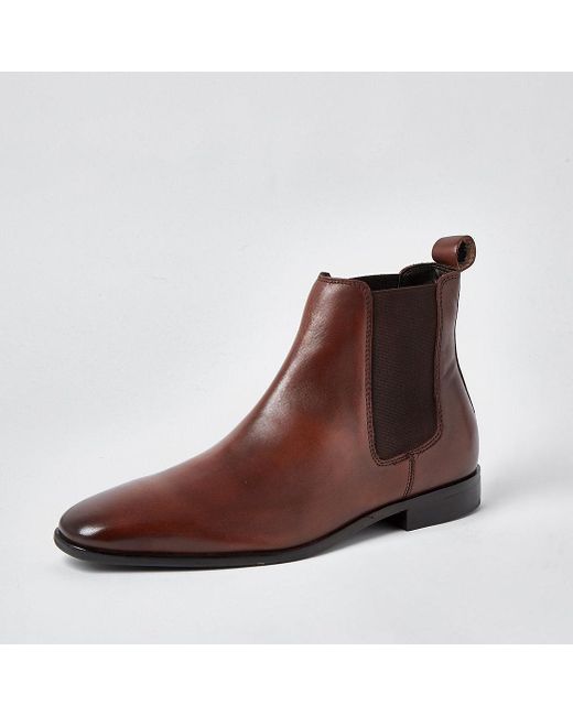 River Island Brown Square Toe Leather Chelsea Boot for Men - Lyst