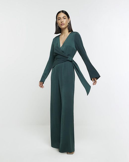 River Island Blue Green Satin Knot Detail Jumpsuit