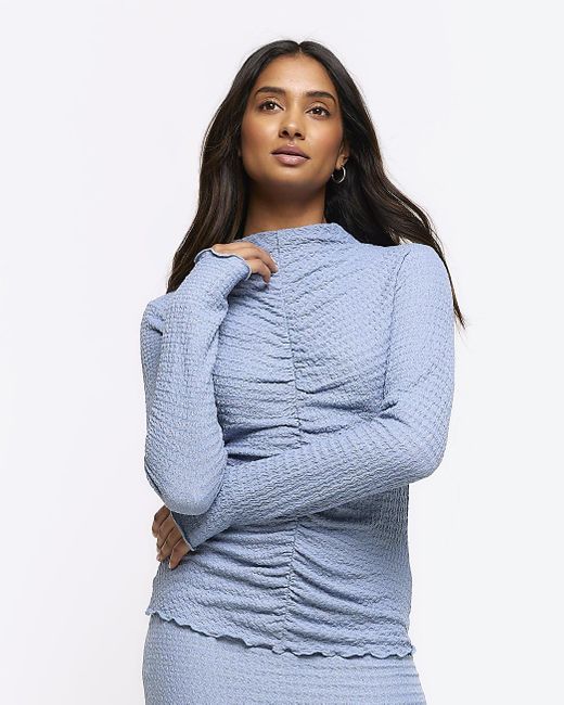 River Island Blue Textured Ruched Long Sleeve Top