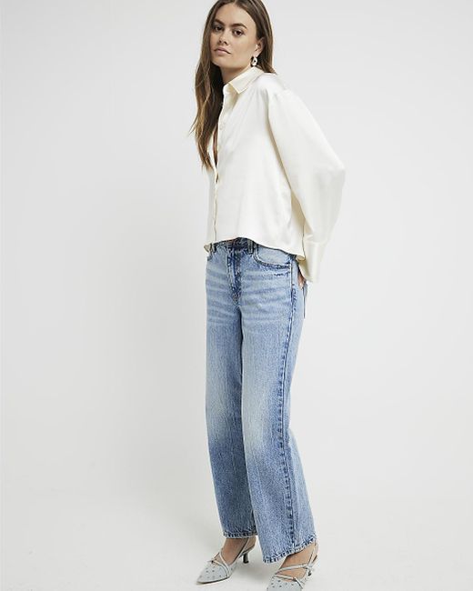 River Island Blue High Waisted Relaxed Straight Crop Jeans