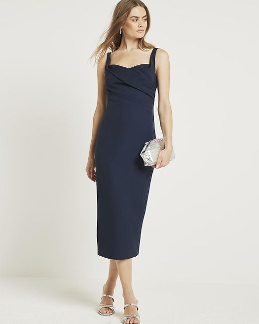 River Island Blue Navy Ruched Open Back Bodycon Midi Dress