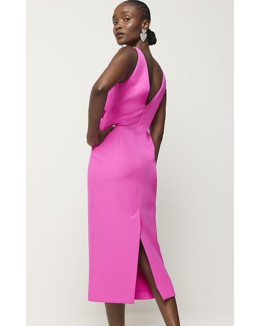 River Island Pink Ruched Open Back Bodycon Midi Dress