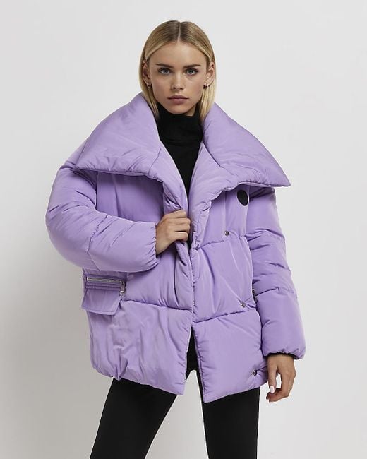 River Island Petite Oversized Puffer Coat in Purple | Lyst