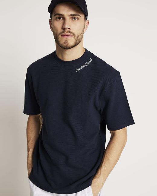 River Island Blue Oversized Textured Embroidered T-shirt for men