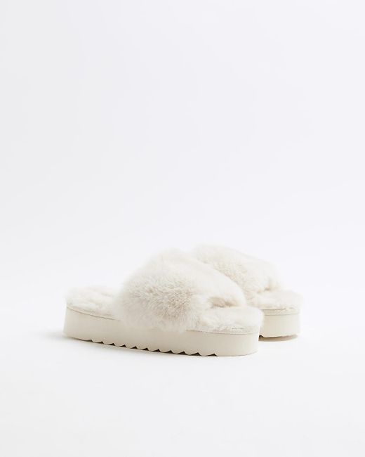 River Island White Cream Faux Fur Open Toe Platform Slippers