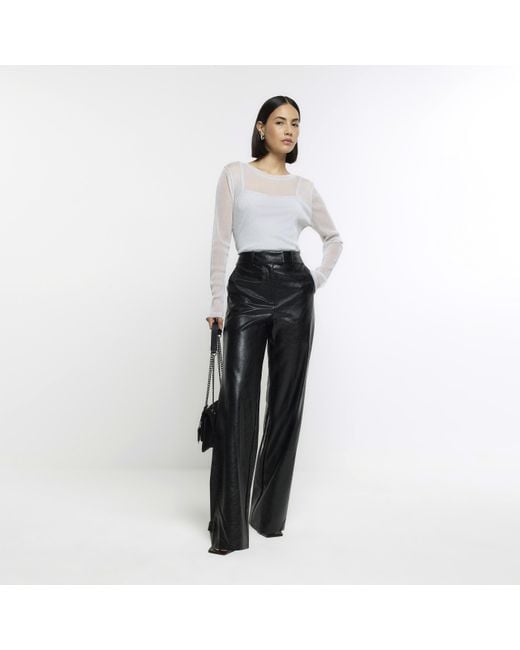 River Island White Black Faux Leather Wide Leg Trousers