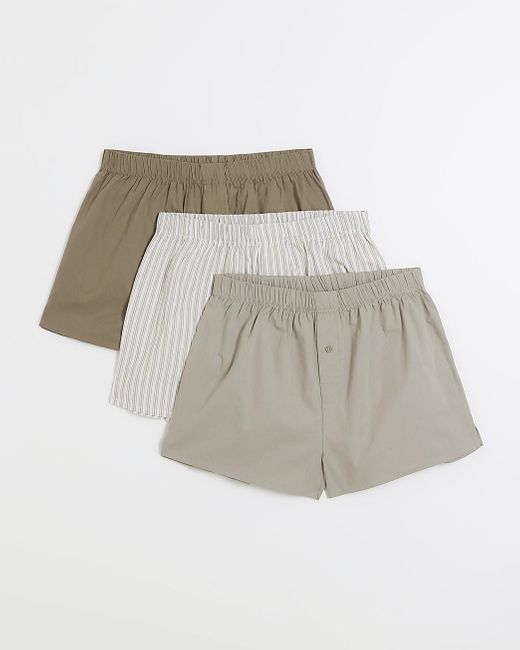 River Island White 3pk Khaki Stripe Boxer Shorts for men
