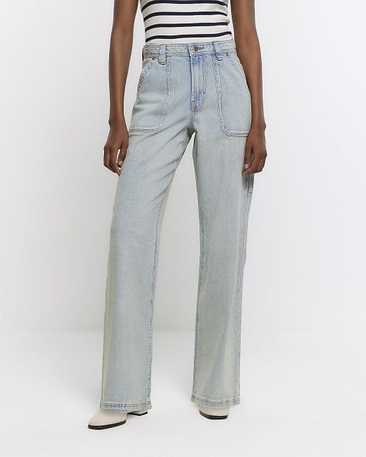 River Island Blue High Waisted Wide Fit Cargo Jeans