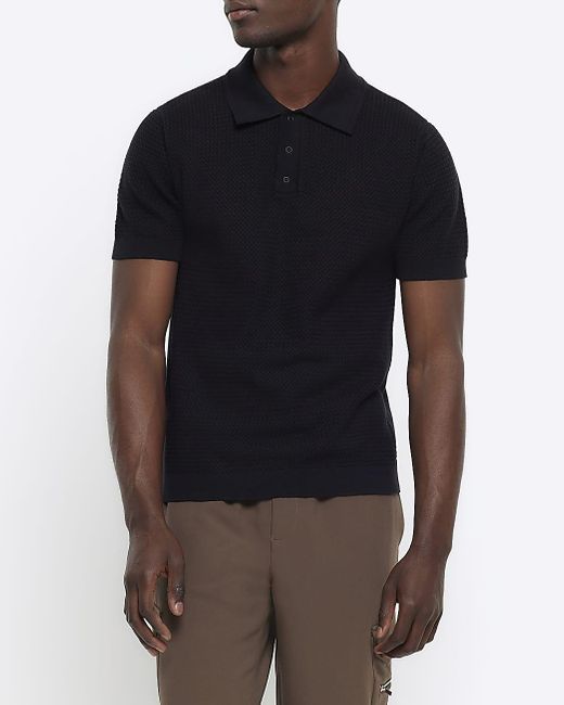 River Island Black Slim Fit Textured Knitted Polo Shirt for men