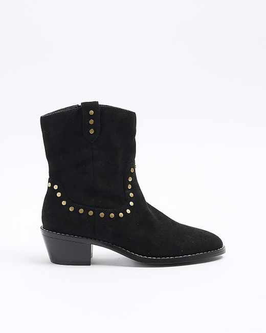 River Island Black Brown Studded Western Ankle Boots