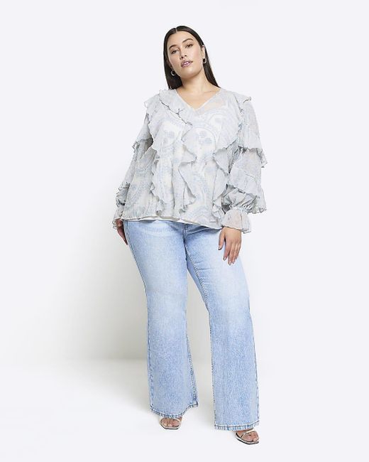 River Island White Plus Blue Embroidered Frill Blouse