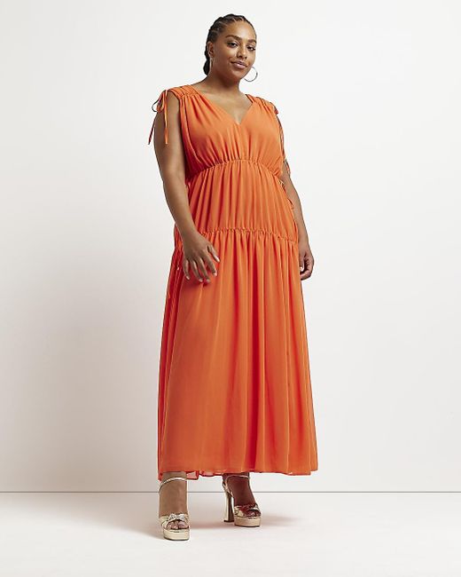 Orange Gathered Smock Maxi Dress 