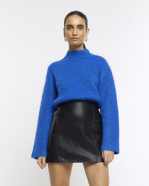 River Island Blue Black Faux Leather Studded Mini Skirt