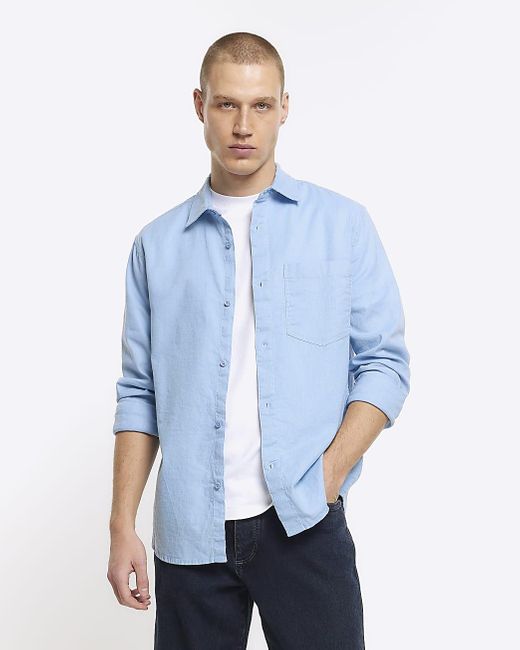 River Island Blue Regular Fit Linen Blend Shirt for men