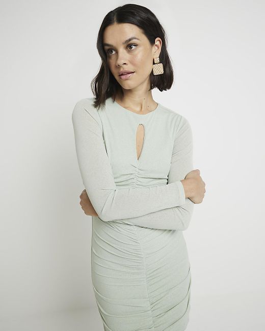 River Island Natural Green Ruched Cut Out Mini Dress