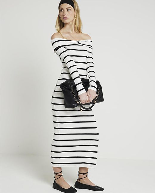 River Island White Ribbed Stripe Bardot Bodycon Midi Dress