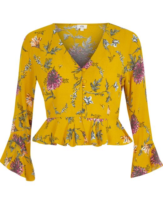 River Island Yellow Floral Frill Long Sleeve Crop Top