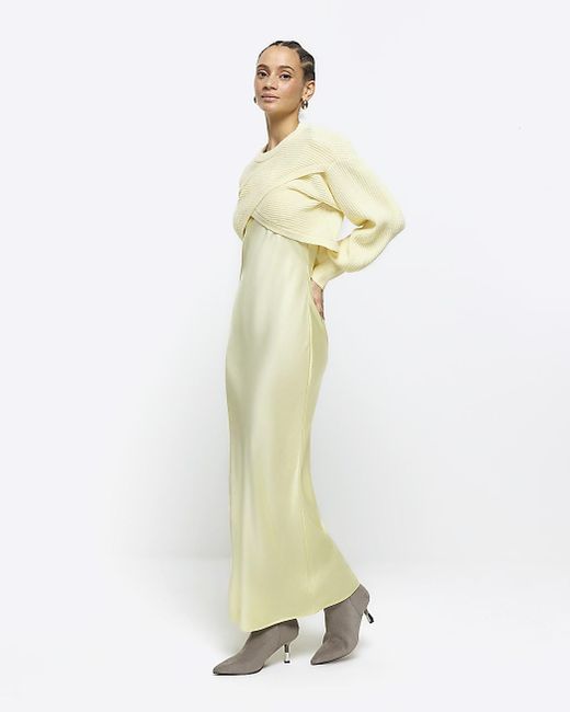River Island White Yellow Satin Hybrid Slip Midi Dress
