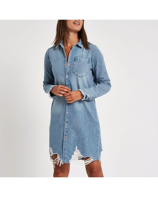 River Island Ripped Denim Shirt Dress 