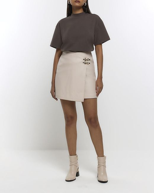River Island Brown Cream Faux Leather Buckle Mini Skirt