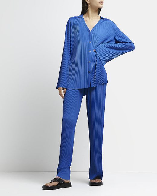 Blue Plisse Wide Leg Trousers | Lyst