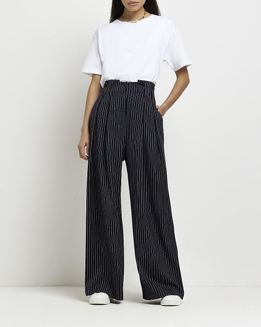 River Island Navy Stripe Paperbag Wide Leg Trousers in Blue (White) | Lyst