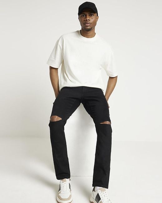 River Island White Black Skinny Fit Ripped Jeans for men