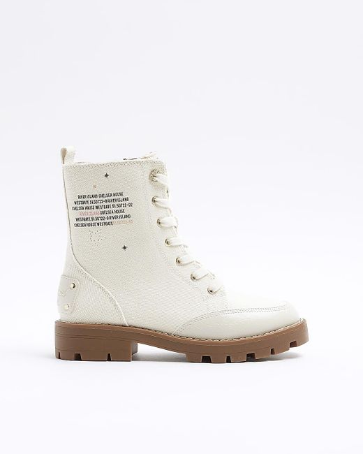 River Island White Lace Up Canvas Boots
