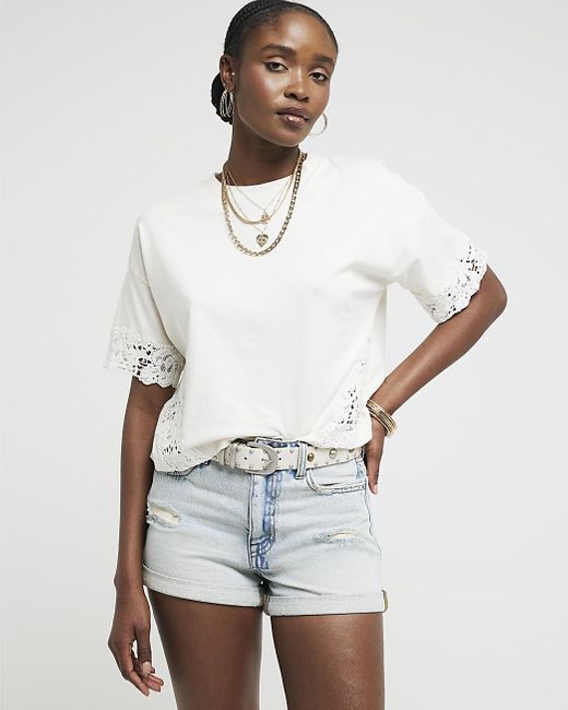 River Island White Beige Lace Panel T-shirt