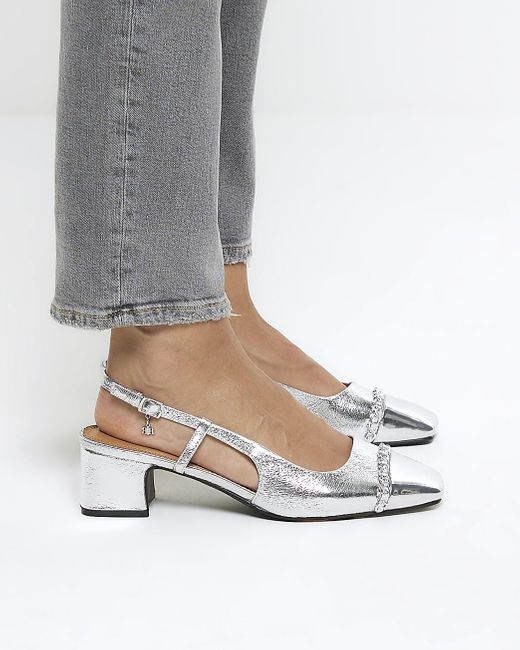 River Island White Silver Chain Block Heeled Sling Back Shoes