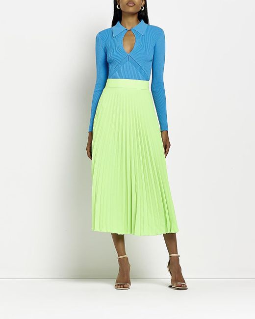 River Island Blue Lime Plisse Midi Skirt