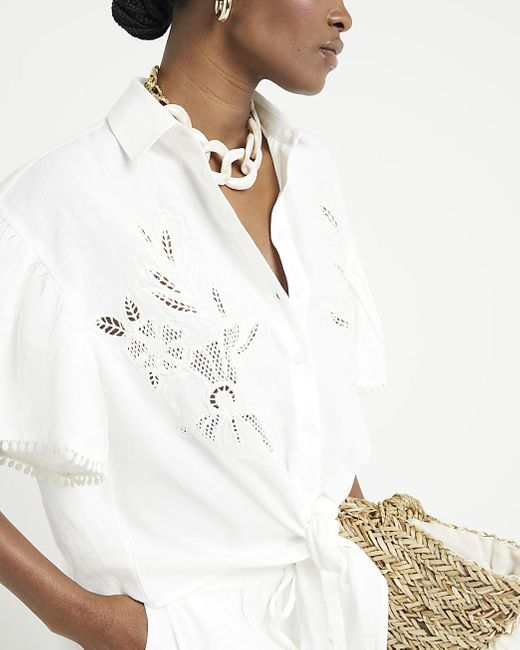 River Island White Embroidered Tie Up Shirt