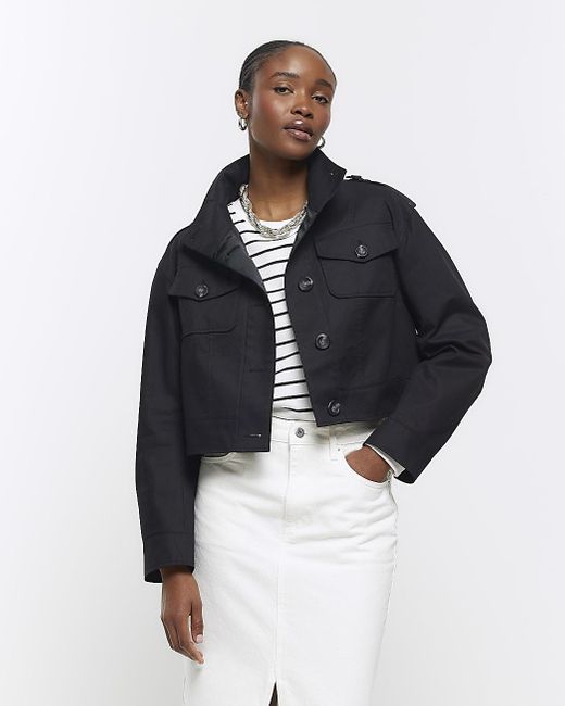 River Island Blue Black Button Up Crop Trench Coat