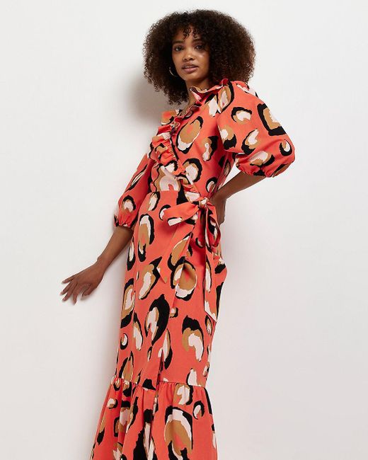Orange Leopard Print Wrap Maxi Dress | Lyst