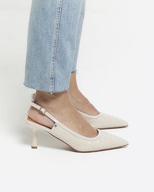 River Island White Beige Weave Heeled Court Shoes