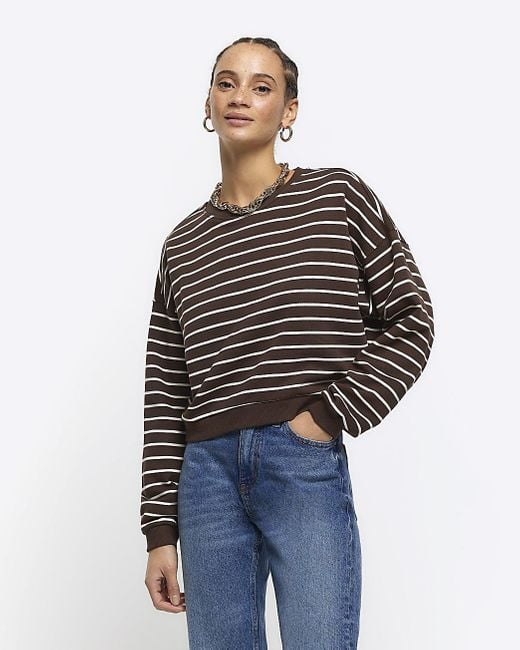 River Island Blue Brown Stripe Crop Sweatshirt
