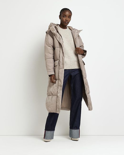 River Island Padded Longline Hooded Puffer Coat in Natural Lyst