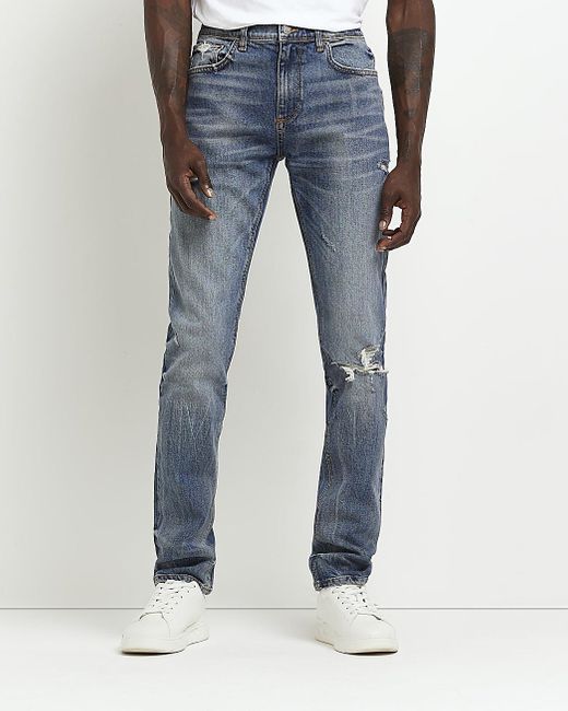 River Island Ripped Skinny Relaxed Fit Jeans in Blue for Men | Lyst
