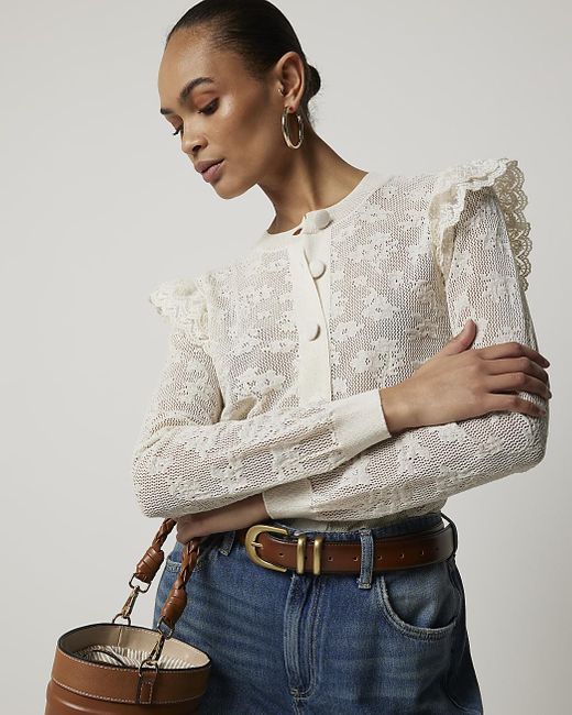 River Island Natural Floral Lace Frill Cardigan