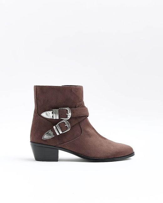 River Island Brown Suedette Western Ankle Boots | Lyst