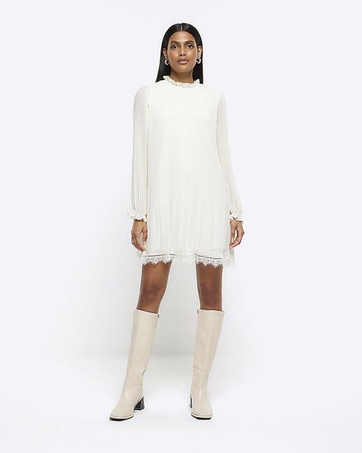 River Island White Pleated Lace Trim Shift Mini Dress