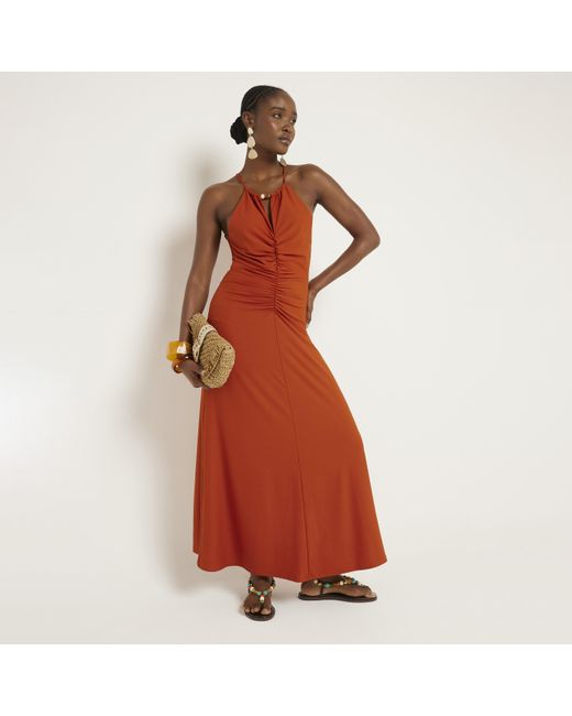River Island Red Rust Ruched Halter Neck Bodycon Maxi Dress