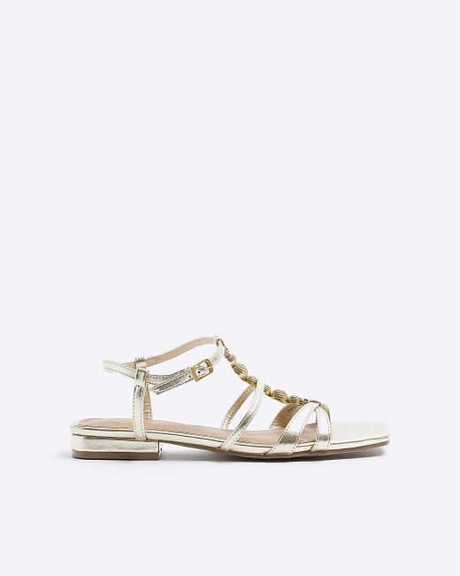 River Island White Gold Beaded Flat Sandals