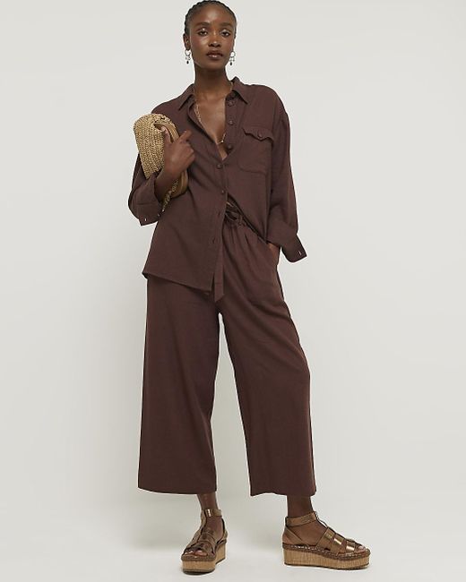River Island Brown Linen Blend Belted Wide Leg Trousers