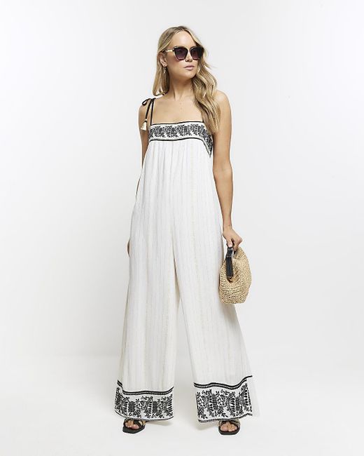 River Island White Embroidered Bandeau Jumpsuit
