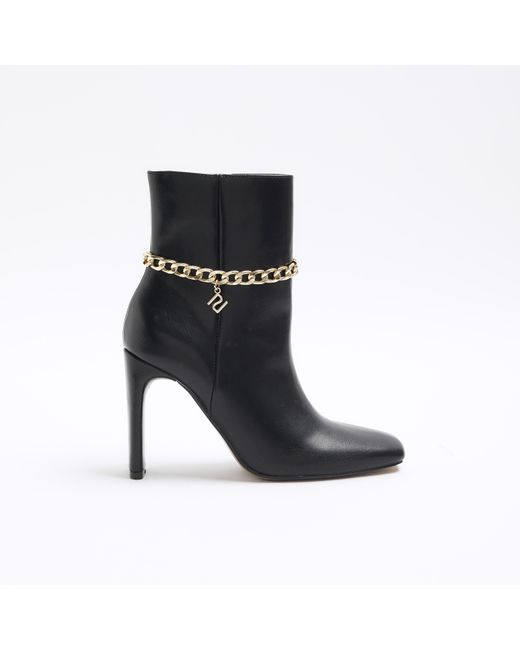 River Island Black Chain Detail Heeled Ankle Boots